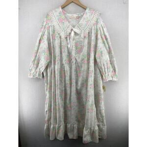 COTILLION Nightgown 2XL Floral Lace Trim Cottagecore Lounge White Pink NEW